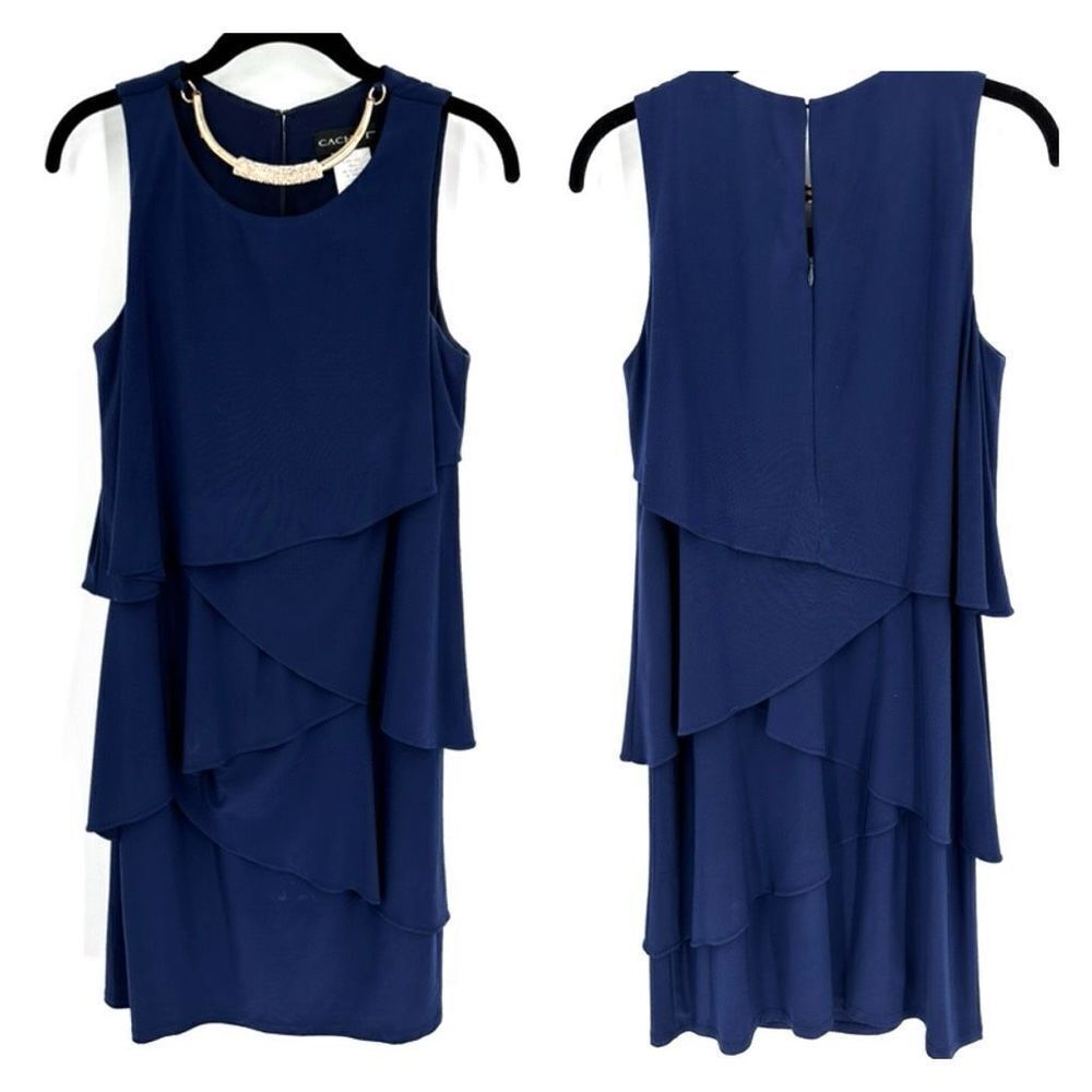 Cachet Women's Sleeveless‎ Tiered Lined Layered Sheath Dress Navy Blue Size 6